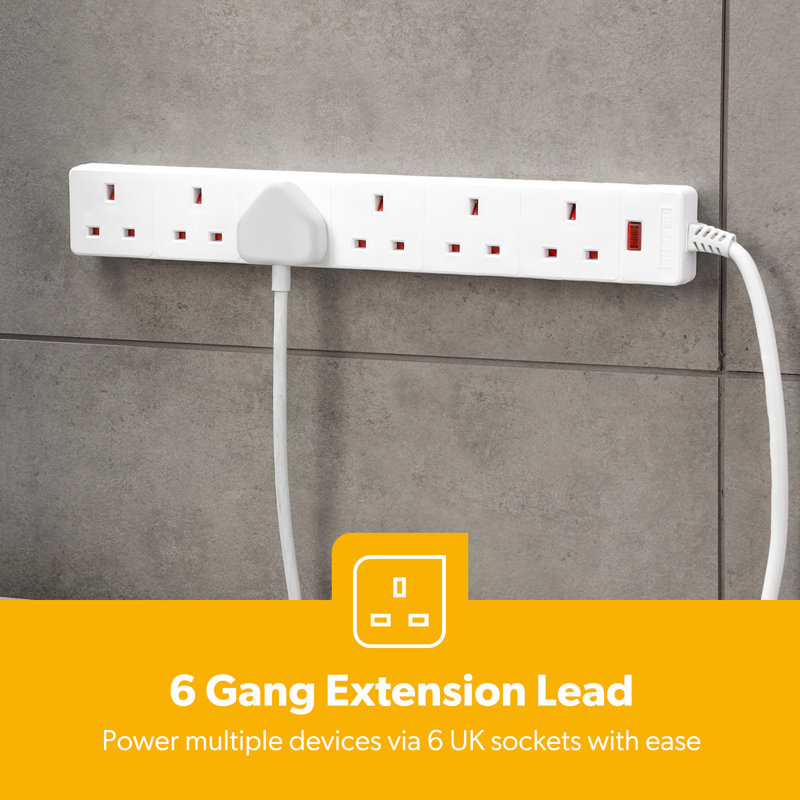 GEEPAS 6 Gang Extension Lead | 6-Way Plug Extension Cable | 6 Socket Power Strip with Neon Indicator Light | Heavy Duty UK Plug