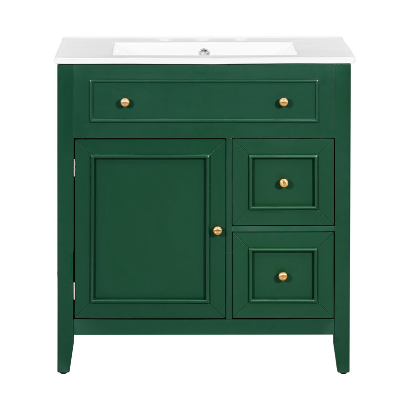Meuble-lavabo 30 po avec lavabo en céramique avec tiroir, porte et armoire de rangement, Vert, Or