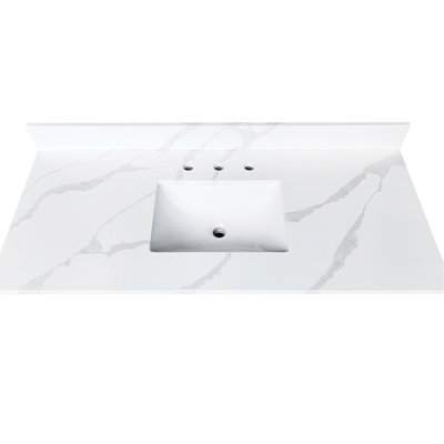 Comptoir de salle de bain en quartz de 49 po de largeur, 22 po de profondeur, lavabo simple encastré au milieu, dosseret de 4 po, 3 trous de robinet pré-percés, surface, facile à nettoyer et à installer, idéal pour différents styles