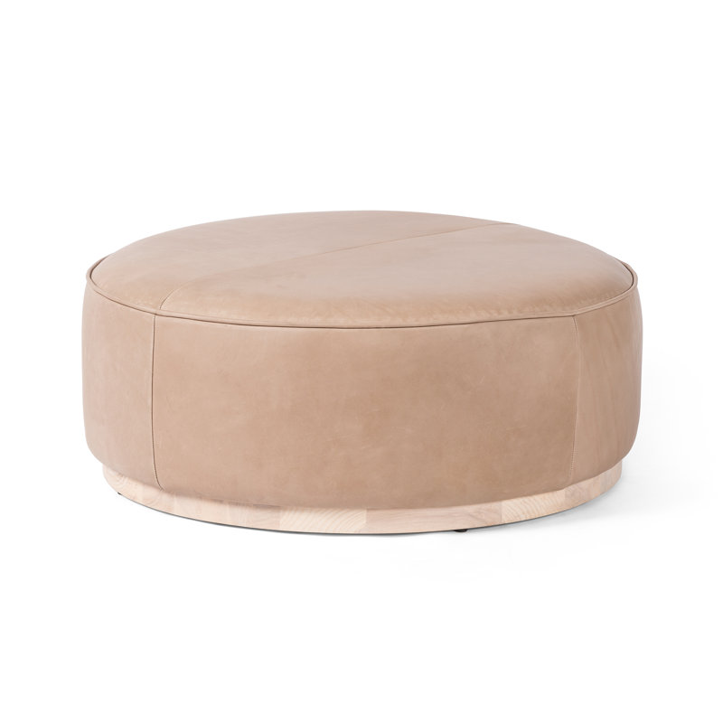 Sinclair Round Ottoman, Harness Burlap Faux leather, Natural Whitewash Ash