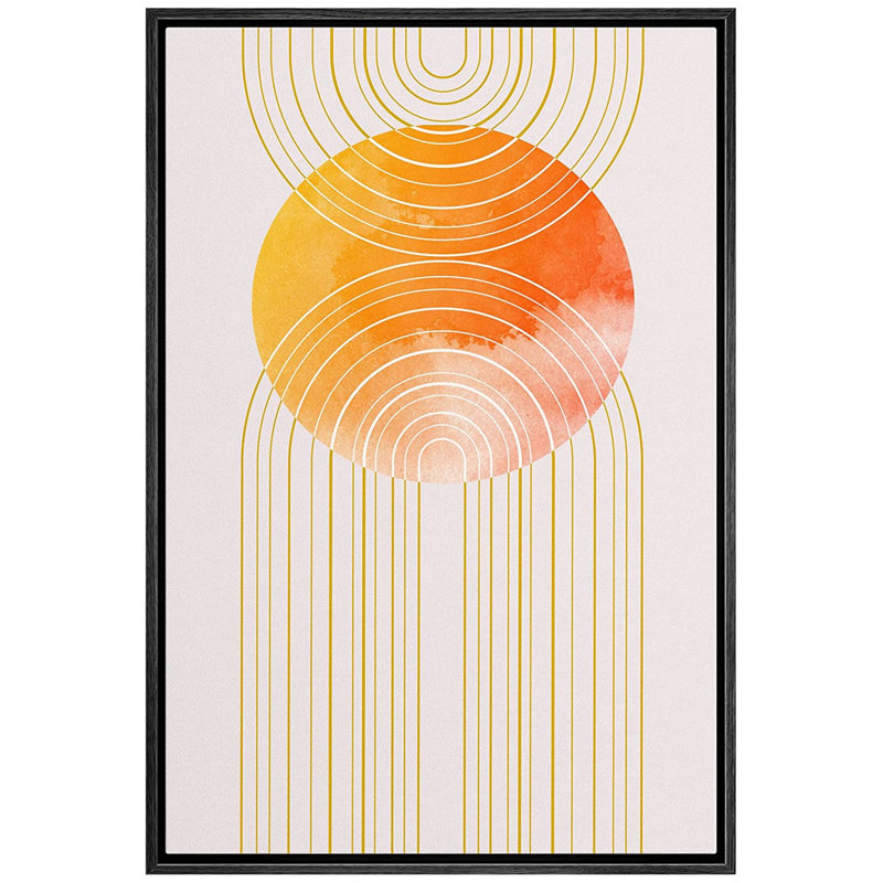 Reproduction d'art sur toile encadrée Mid Mid Century IDAE4WALL, aquarelle, pastel, géométrique, soleil orange, nature, illustrations abstraites, paysage rustique multicolore pour le salon, la chambre à coucher, le bureau