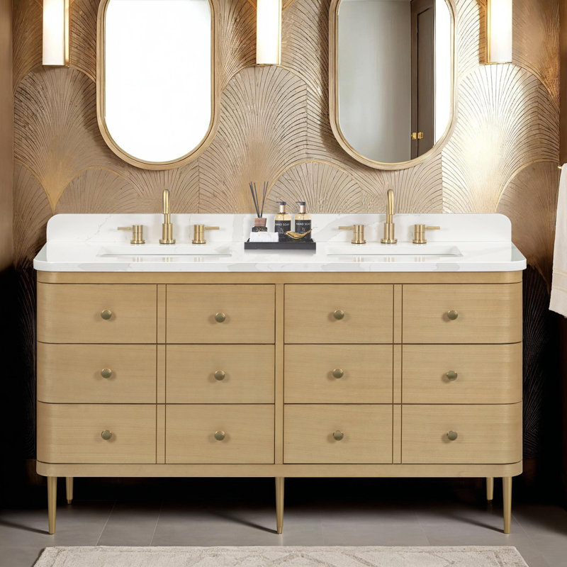 Meuble-lavabo à double cuve 60 po Serena en chêne blanc avec plateau Serena, Quartz Calacatta, 61"