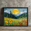 «Moonlit Pine Forest», encadré noir, pleine lune, peinture de champ de fleurs sauvages, art mural paysage nature Moody Mystical-1059350286
