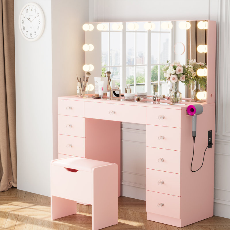 Greyden Vanity With 11 Drawers & Lighting Bulbs, Storage Stool & 10X Magnifying Mirror, Pink