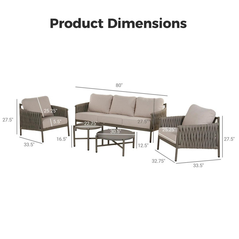 Ensemble de conversation de patio pour 5 personnes avec coussins Mendee, Ivory Cushion/Grey Frame