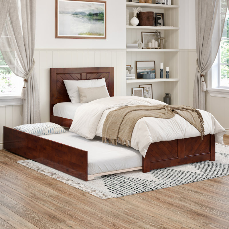Lit plateforme en bois massif Jeinny avec pied et gigogne assortis, Simple TG, Noyer