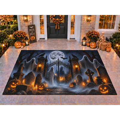 Tapis d'extérieur 152 x 213 cm (5 pi x 7 pi) motif d'Halloween, portail, cimetière et fantôme. Tapis épais, imperméable, en PVC bouclé, résistant et à séchage rapide, idéal pour terrasse, balcon ou entrée.