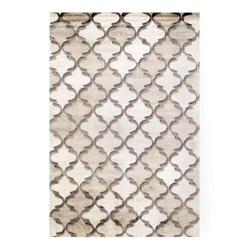 Tapis géométrique crème / beige en laine / coton à motif géométrique fait à la main 6 pi x 9 pi