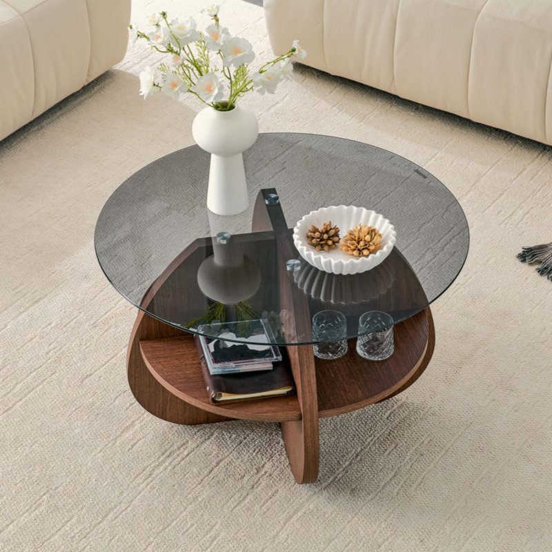 Table basse créative à structure croisée avec plateau en verre trempé et rangement en éventail. Parfait pour les salons, comme table basse ou table d'appoint. Idéal pour les petits espaces.
