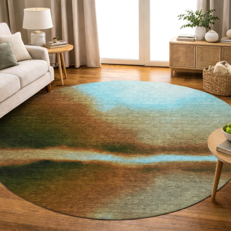 Premium Machine Washable Mayfield AMF2419 Abstract Rug, Blue, 8' Round