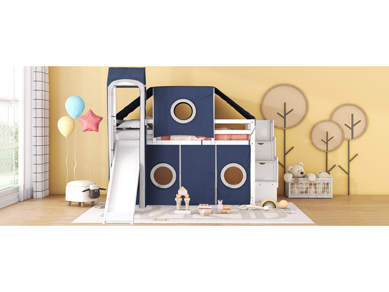 Lit mezzanine avec tente et tour, Bleu, Lit double