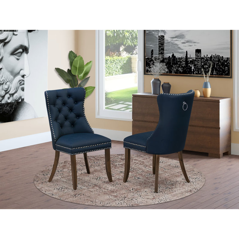 Dallas Parson Chairs - Button Tufted Nailhead Navy Blue Polyester Fabric Upholstered Dining Chairs, Set of 2, Antique Walnut