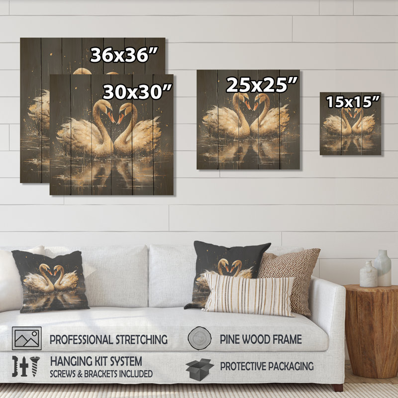 Golden Swans Wandering Pond III - cygne sur bois, H 30 po x l 30 po