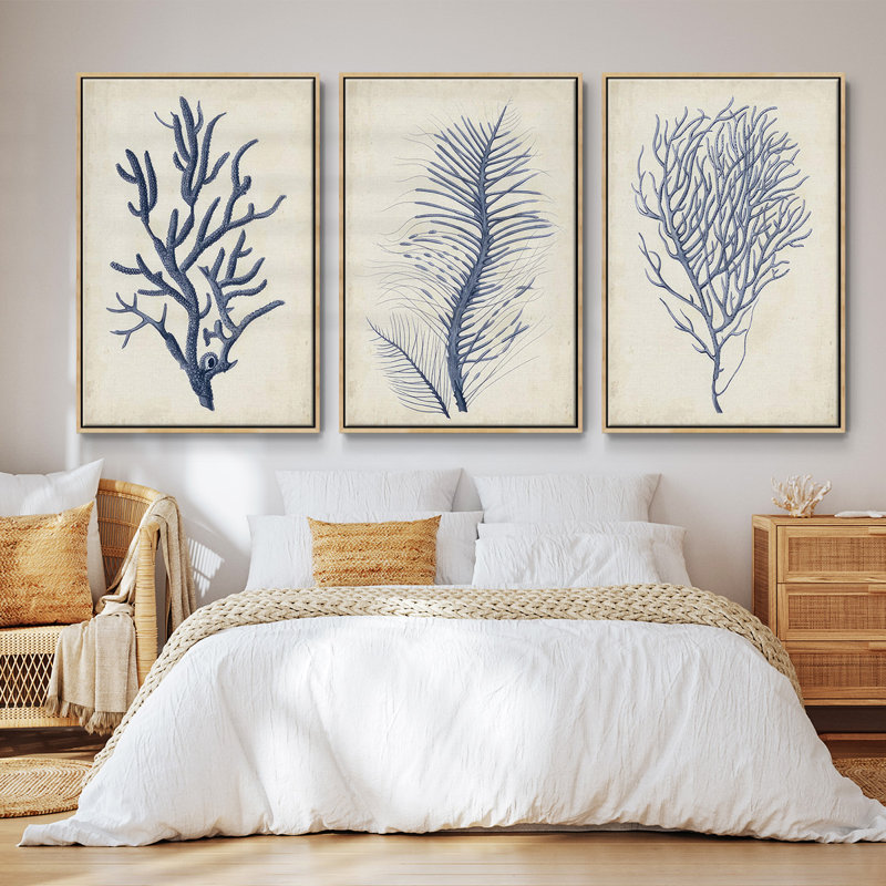 Indigo Brush Blooms I, ensemble de 3 toiles encadrées sur toile, Cadre en bois naturel, H 36 po x l 72 po
