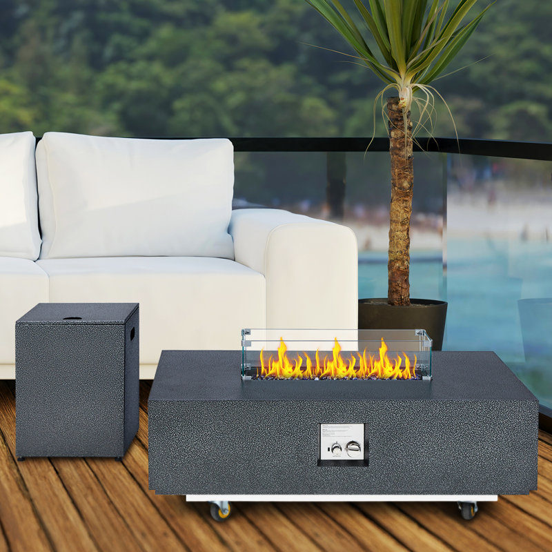 48" Outdoor Fire Table, 48 inch Rectangle Propane Gas Fire Pit Table, 50,000 BTU Modern Firepit with 16 inch Tank Cover Side Table, Wind Guard, Fire Glass, Rain Cover