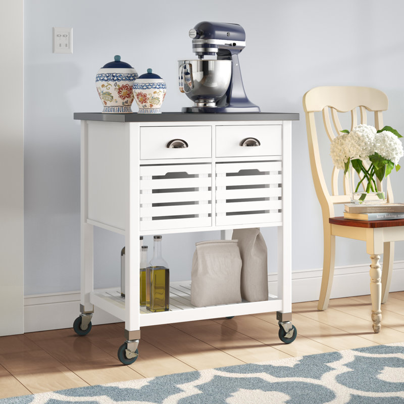 Fisnike 30" Stainless Steel Top 2-Drawer Kitchen Cart With Storage Bins, White