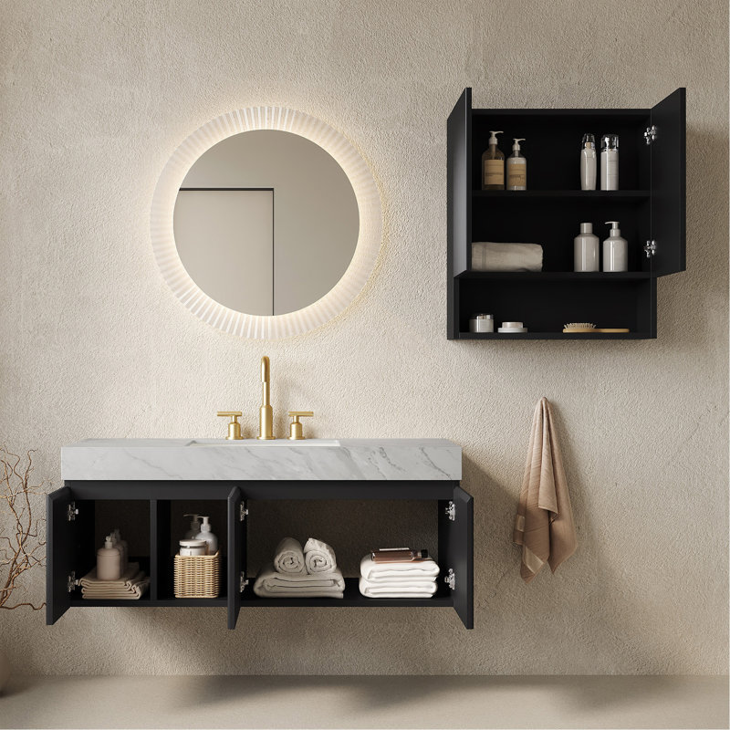Ensemble combiné de 24 po + TOBI 26 po, meuble-lavabo suspendu avec rangement pour salle de bain, comptoir en pierre frittée crème veinée or, lavabo en céramique, 1 trou pré-percé pour robinetterie, robinetterie et bonde non inclus, couleur noyer.
