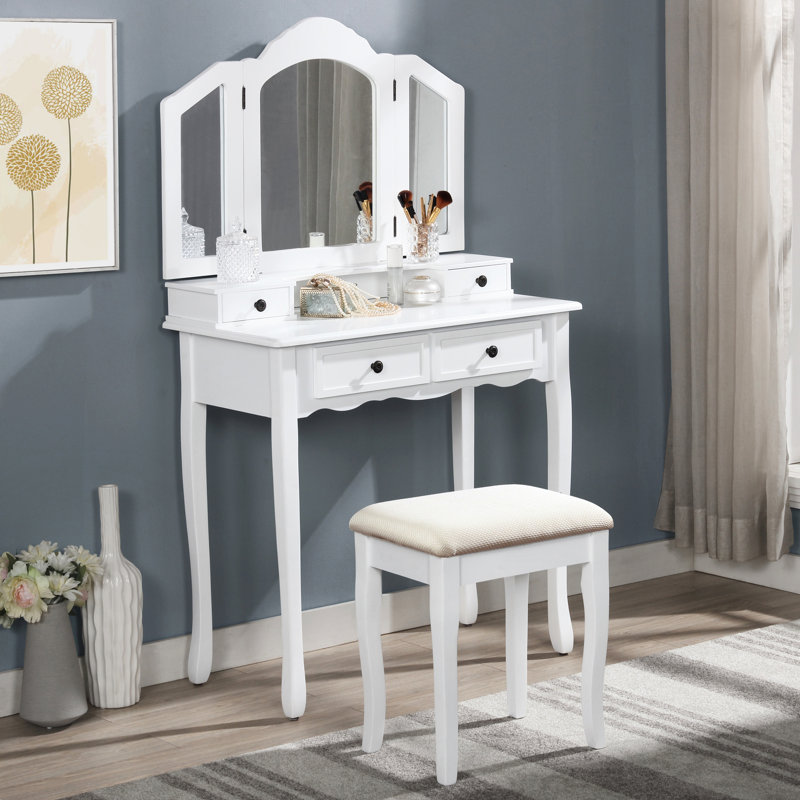 Coiffeuse et table de maquillage en bois blanc avec ensemble de détails artisanaux, Blanc