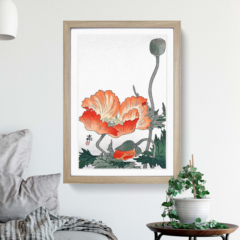 Poppy Flower by Ohara Koson - Picture Frame Painting Print, 65cm H x 48cm W x 2cm D, Oak Framed