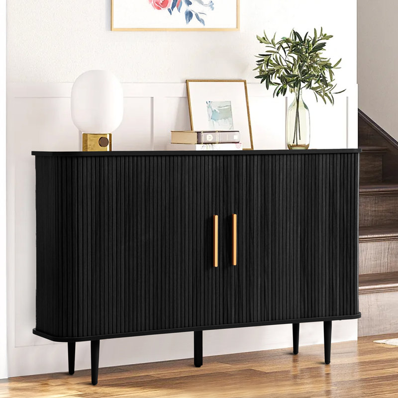Buffet 47 "avec portes coulissantes cannelées, armoire de rangement Tambour avec tablettes réglables, Noir