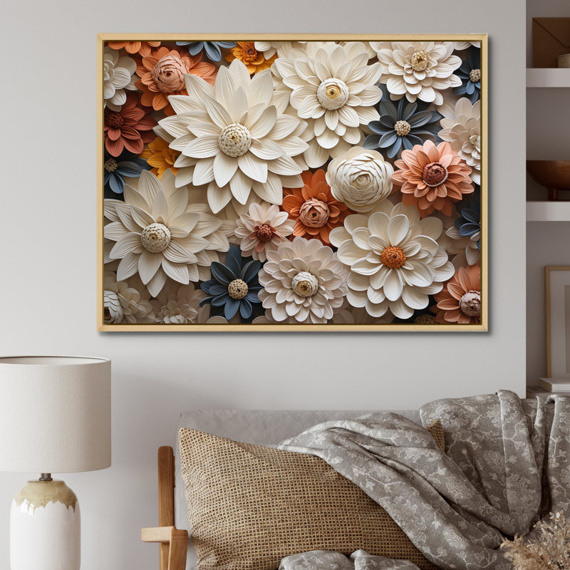 Minimalisme beige, collage Zinnias sur toile, Cadre naturel flottant, H 12 po x l 20 po x P 1 po