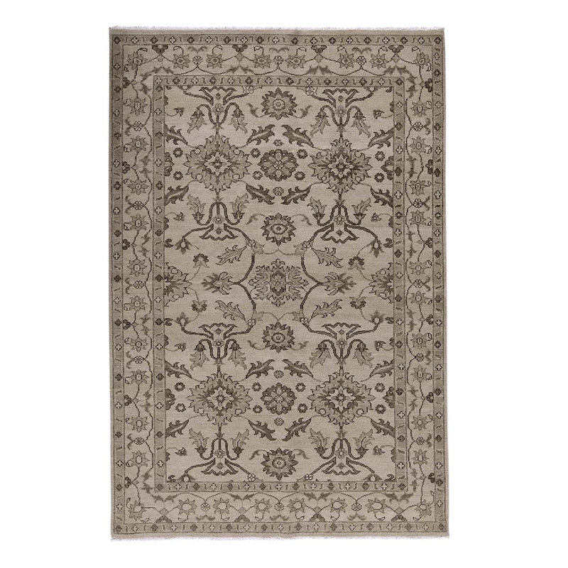 Tapis beige / brun en laine noué à la main de conception unique 5 pi 10 po x 8 pi 9 po