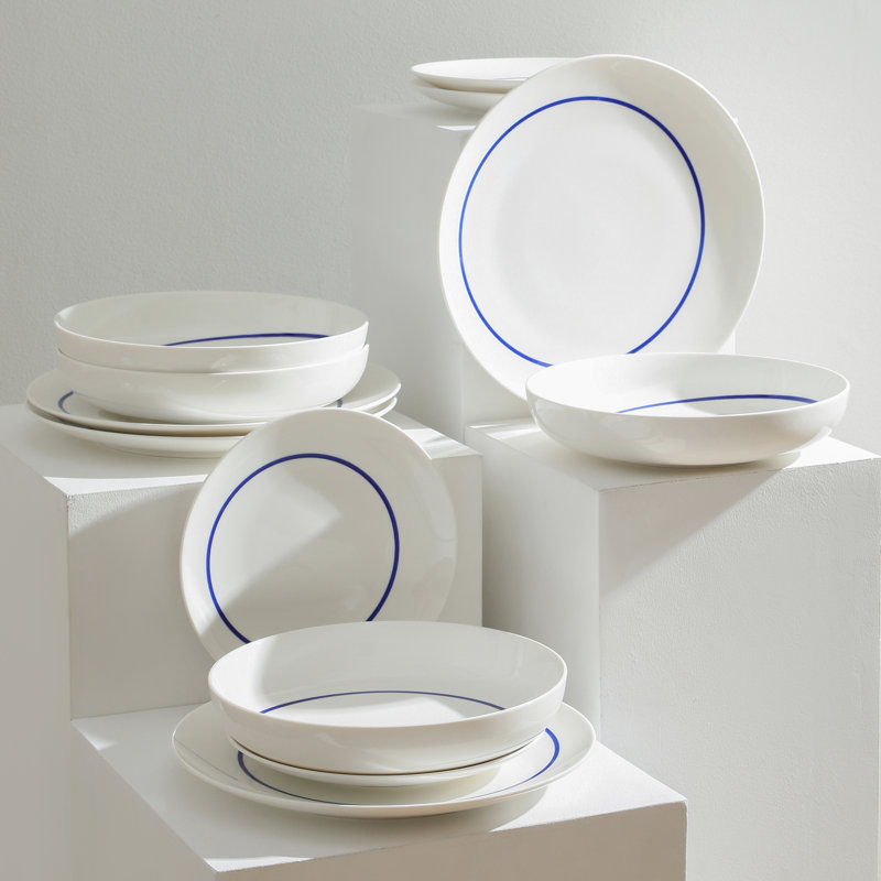 Luna Blue and White Porcelain 12-Piece Dinnerware Set, Service for 4