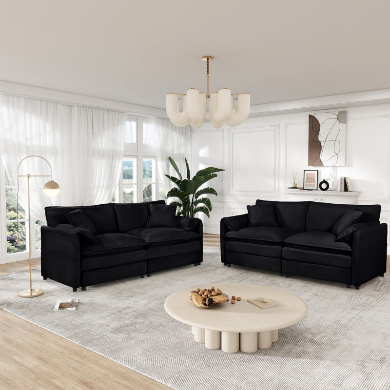 2 pièces en noir, tissu chenille confortable avec coussins, assise spacieuse, ensemble personnalisable pour un usage domestique, siège de canapé noir,