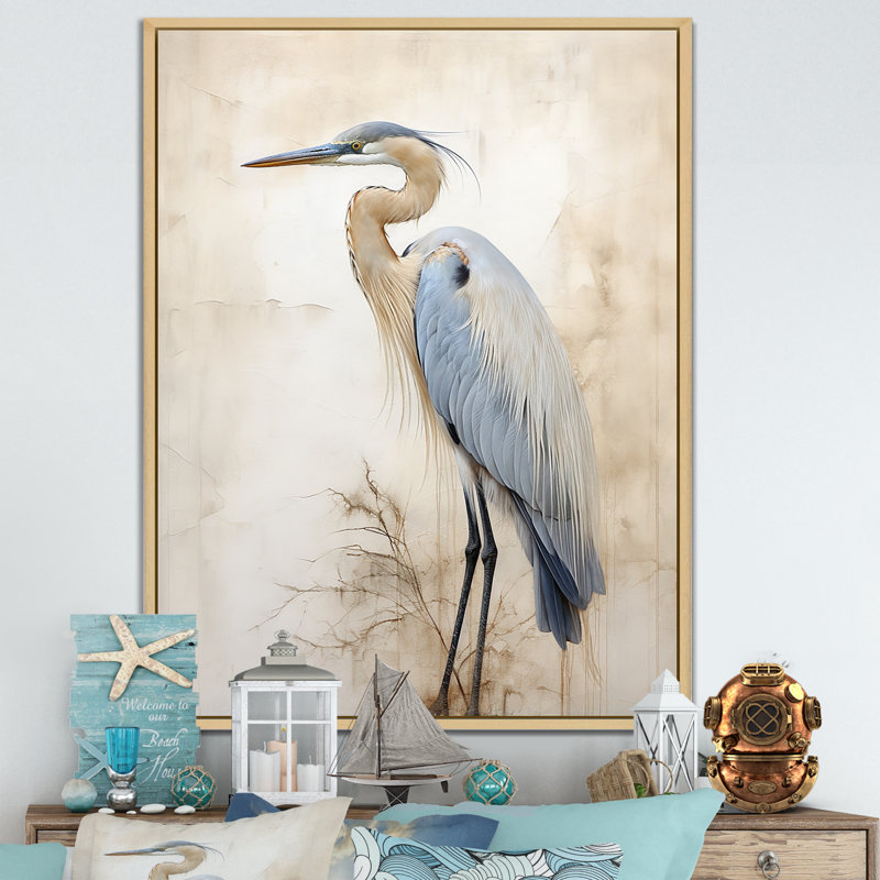 «Majestic Blue Heron Horizon II», art mural héron, H 44 po x l 34 po x P 1,5 po, Cadre flottant érable