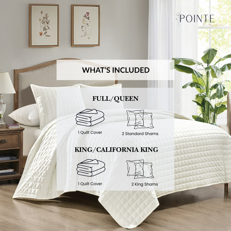 Polyester Quilted Checkered Quilt Set, White, Queen Quilt + 2 Standard Shams