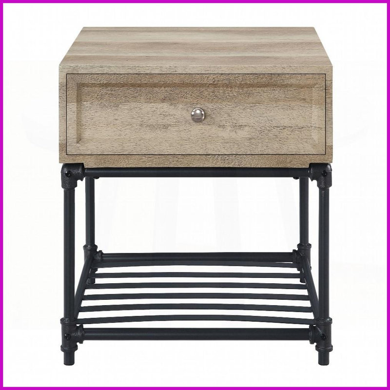 Chêne rustique industriel Table basse Sandy noir pour le salon, pieds en métal robustes et amp; Rangement peu encombrant