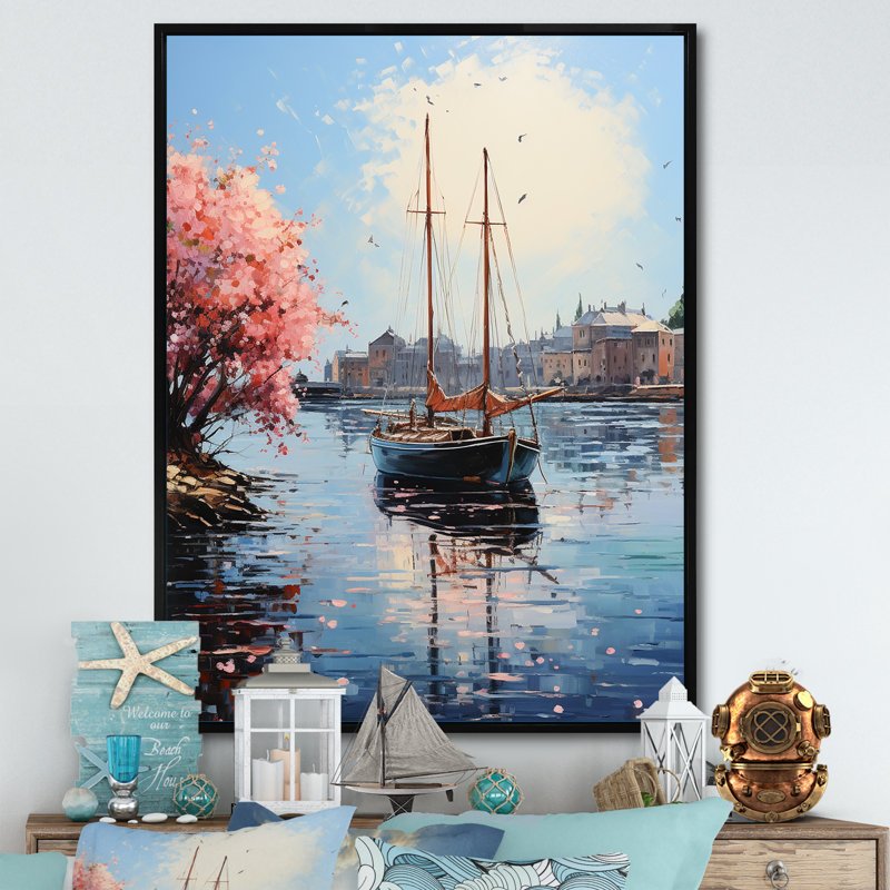 Port Docked Memories Pointillism II - Nautical & Beach Canvas Prints, H 20 po x l 12 po x P 1 po, Cadre flottant noir