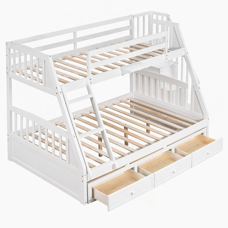 Lit superposé avec tiroirs, échelle et escalier de rangement, Blanc