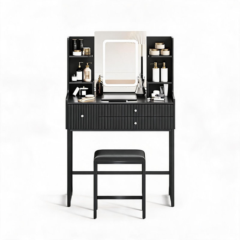 Coiffeuse cannelée avec miroir lumineux et prise électrique, petite coiffeuse moderne dotée de 3 tiroirs et de 4 étagères de rangement pour chambres et appartements