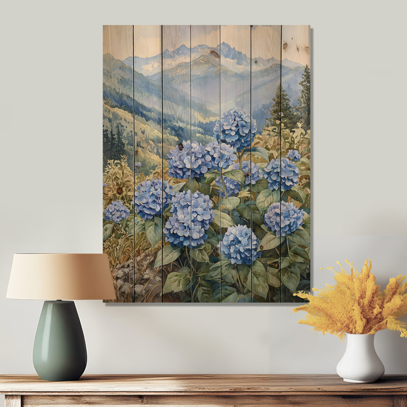 Hortensias dans la prairie de montagne III - décoration murale en bois d'hortensias - sur bois de pin naturel
