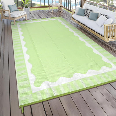 9x18ft Reversible Outdoor Rug - Waterproof Scalloped Border Plastic Straw Mat with Bag & Stakes for Patio, RV and Picnic