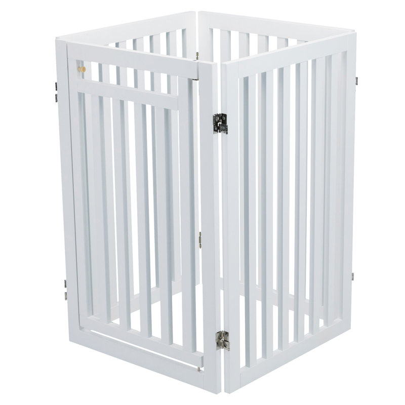 White Freestanding 4-Panel Wooden Pet Gate with Walk-Through Door