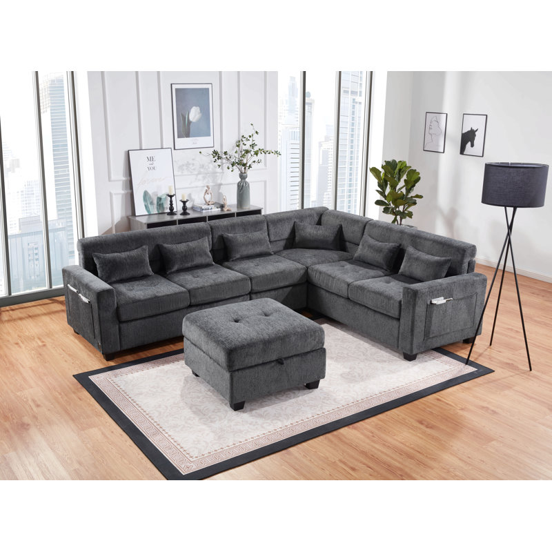 Canapé modulaire en chenille l 115 po gris Trey avec dossier réglable, ports de chargement, poches, capitonnage, repose-pieds avec rangement, coussins décoratifs
