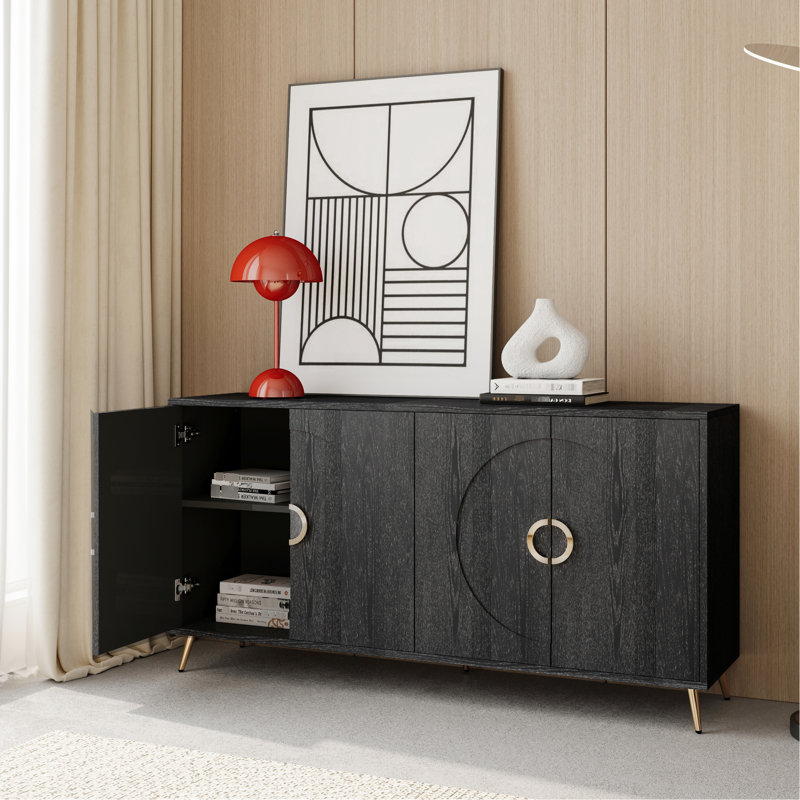Buffet à 4 portes avec rangement de style moderne, noir patiné pour le salon, le vestibule, le couloir, le bureau, la cuisine et la salle à manger, laqué avec des portes, incroyable