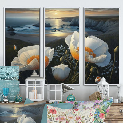 " White Flowers By The Coast III - Beach " 3 - Pieces