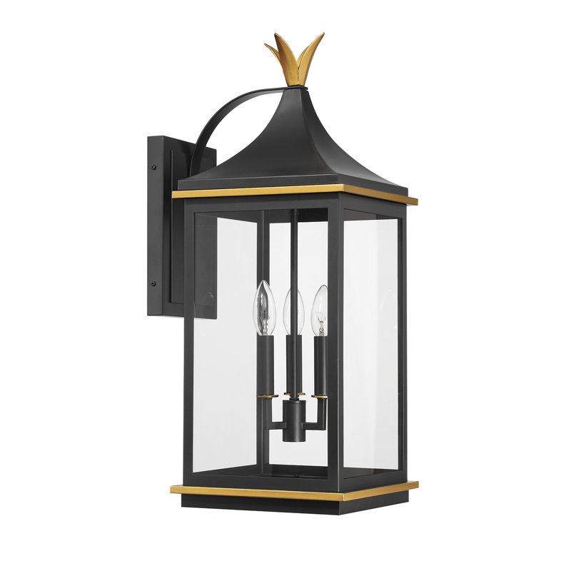 Meggett 3 Light Matte Black + Textured Gold Outdoor Sconce, 15" H x 10" W x 12.50" D