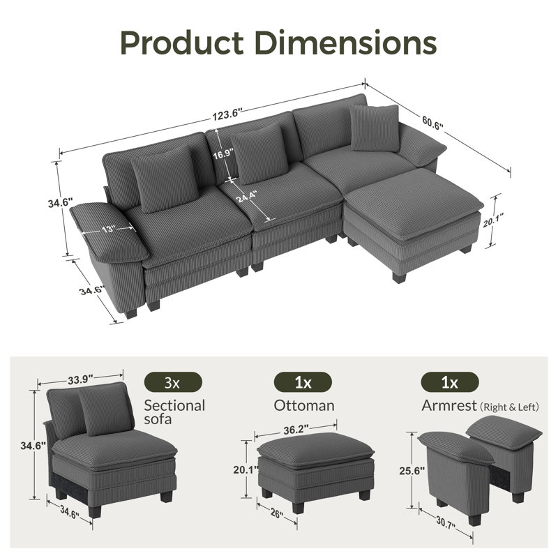 Canapé modulaire de 124 po, canapé surdimensionné en L avec repose-pieds et canapé profond à 4 places avec coussin décoratif