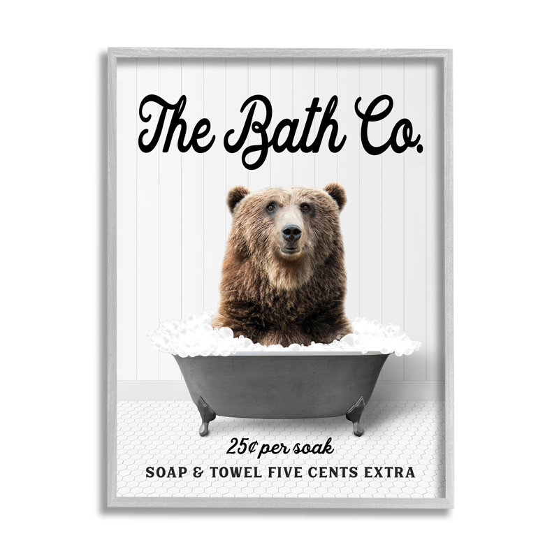 «Trinx Vintage Bathroom Bear», art giclée par lettrage et doublure, H 30 po x l 24 po x P 1,5 po, Giclée encadrée noir minuit