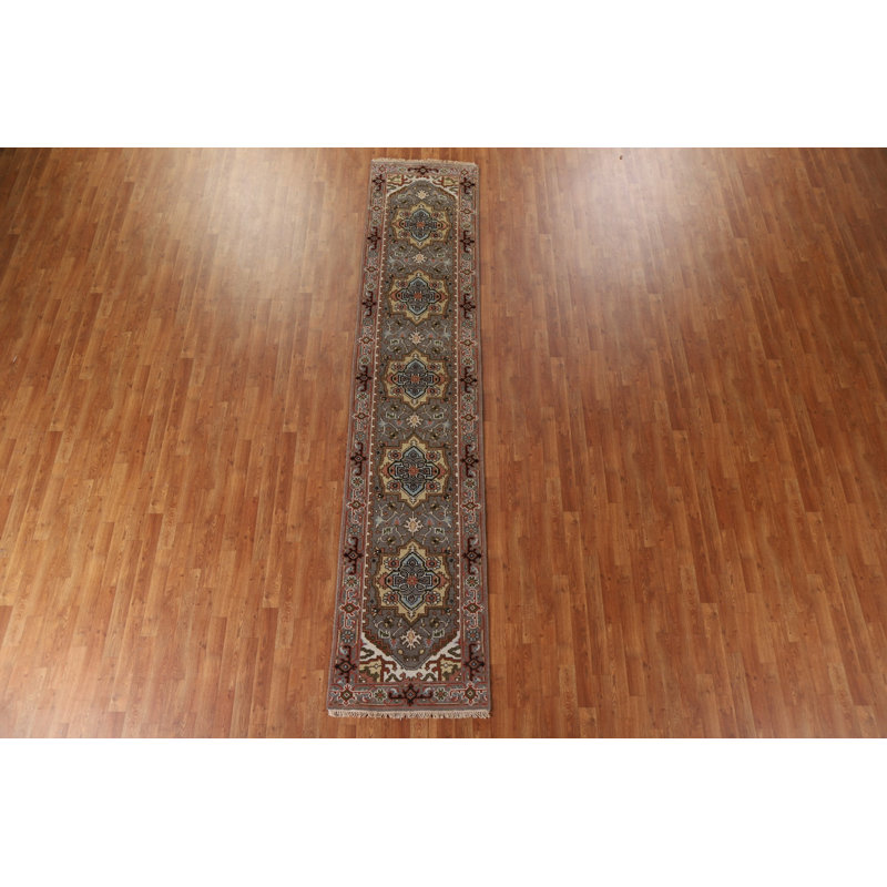 Tapis de couloir oriental géométrique Heriz Serapi noué à la main 3 x 12