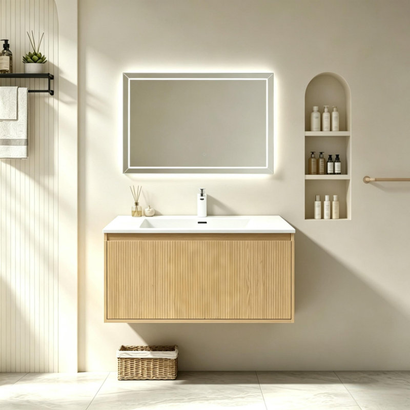 Meuble-lavabo suspendu double vasque de 122 cm (48 po) avec rangement dissimulé et armoire sous-vasque contemporaine, chêne jaune