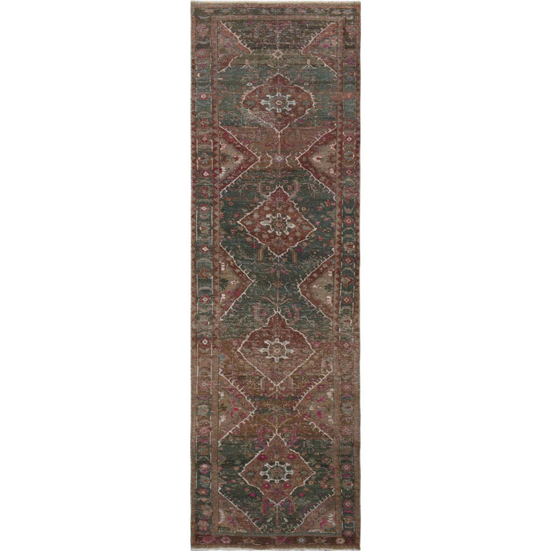 Tapis de couloir en tapis décoratif laine vert/brun 3 pi 7 po x 12 pi 3 po one-of-a-kind noué à la main