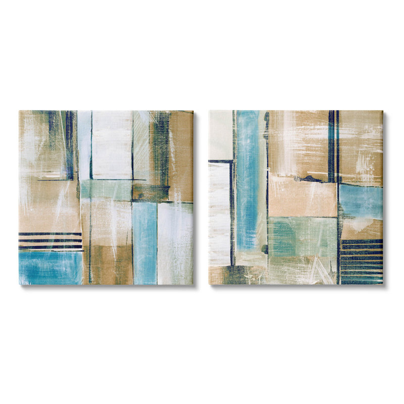 Ensemble de 2 toiles contemporaines géométriques neutres par Susan Jill, H 24 po x l 48 po x P 1,5 po