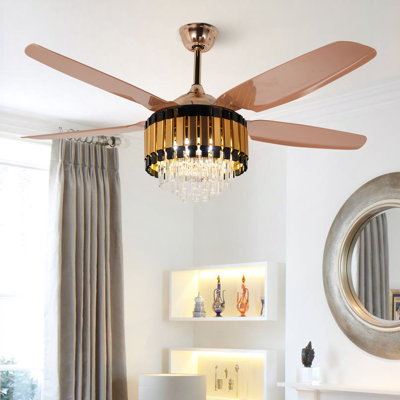 52" Modern Gold Crystal Ceiling Fan with Light, 5-Blade Reversible Motor, 3-Color LED, Remote Control for Living Room, Bedroom