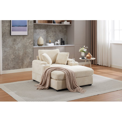 Canapé rembourré en velours côtelé avec rangement pour main courante, repose-pieds mobile, porte-gobelets, siège profond pour coussins amovibles
