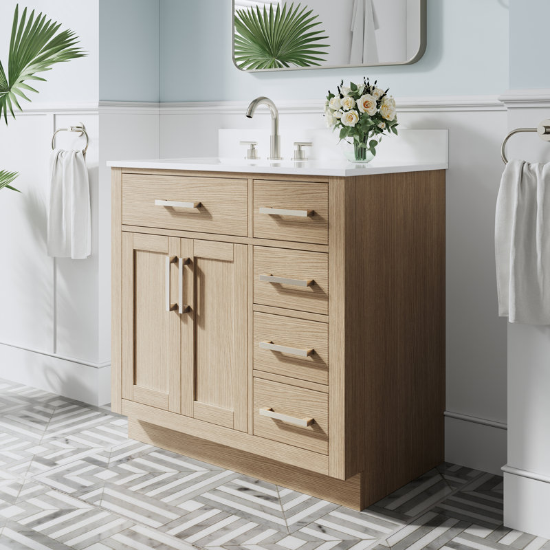 Meuble-lavabo sur pied en bois massif 36 po x H 35 po avec comptoir en marbre de culture blanc et lavabo simple en céramique, chêne